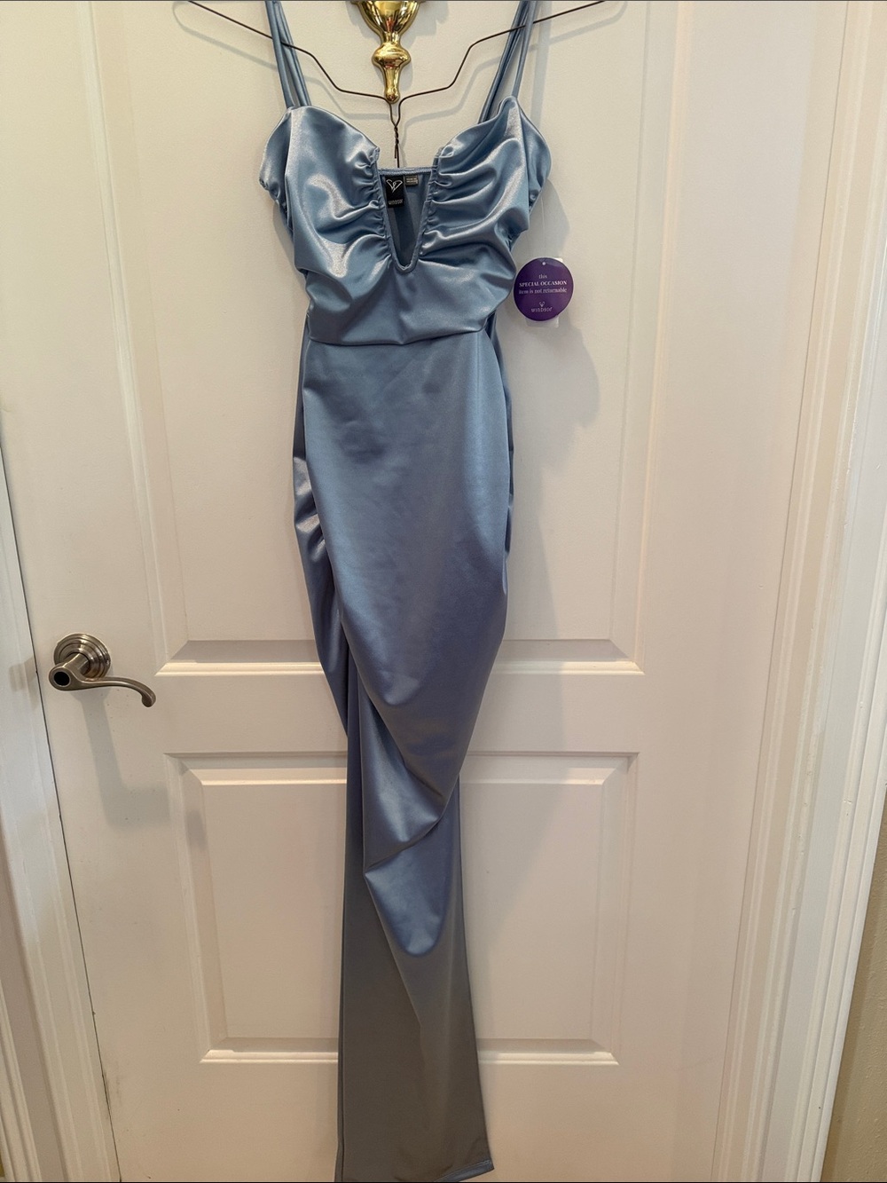 Windsor Satin Dusty Blue Ruched Plunge Prom Gown